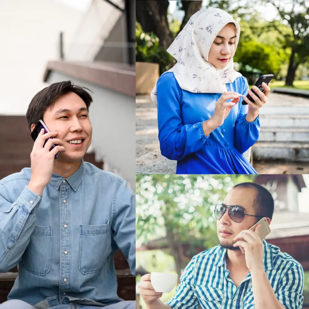 People across Asia using mobile phones, representing diverse languages and communication styles