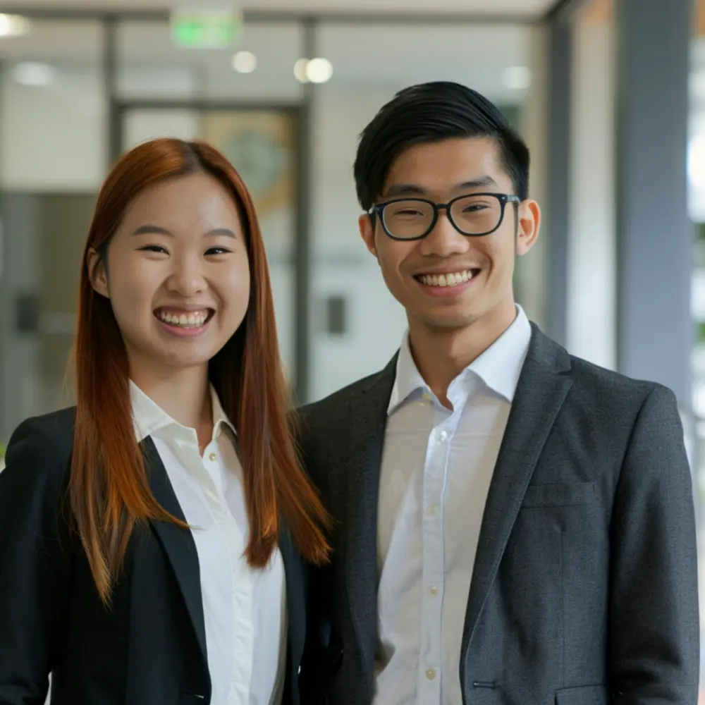 Two business professionals smiling, representing business partnership and communication
