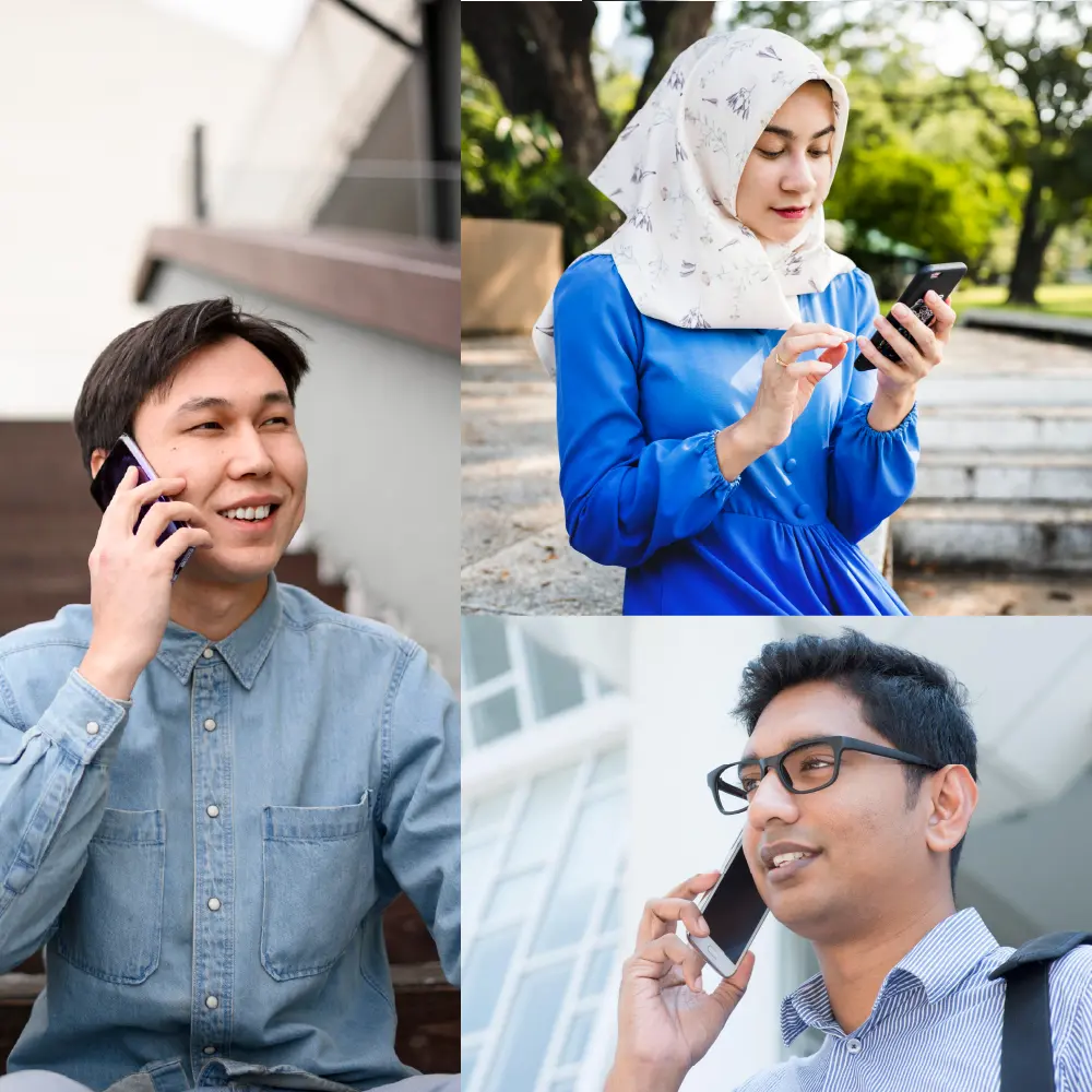 ai-voice-agent-malaysia-local-business-customers Malaysian business professionals speaking on the phone, representing AI voice agent conversations in Malaysia