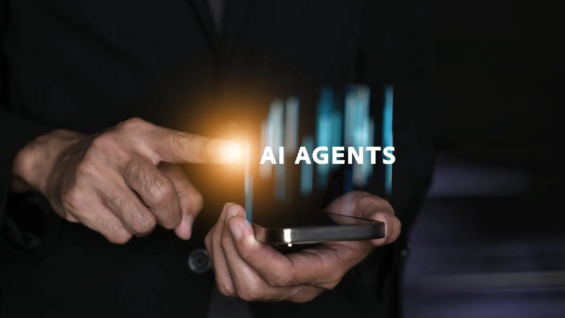 Businessman tapping a smartphone with a holographic AI Agents display, representing the types of AI agents Singapore businesses are adopting